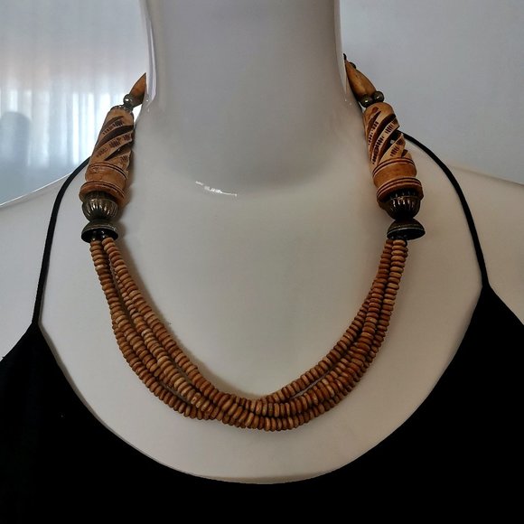 Vintage Huge Carved Cow Chunky Bone Bead Necklace Multi Strand - Picture 2 of 5